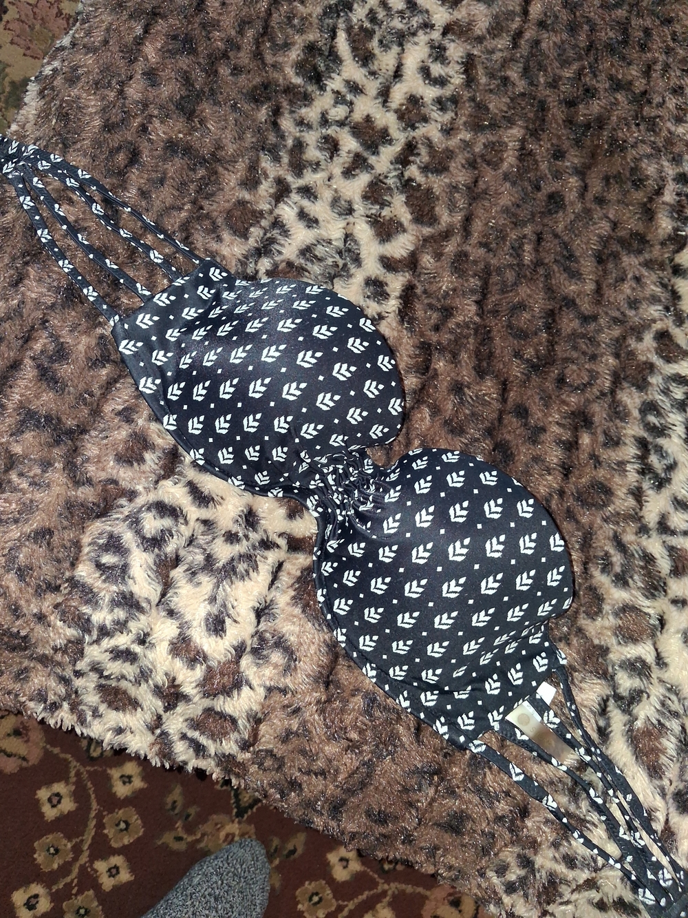 Black Printed Push-Up Bra with Triple-Strap Detail